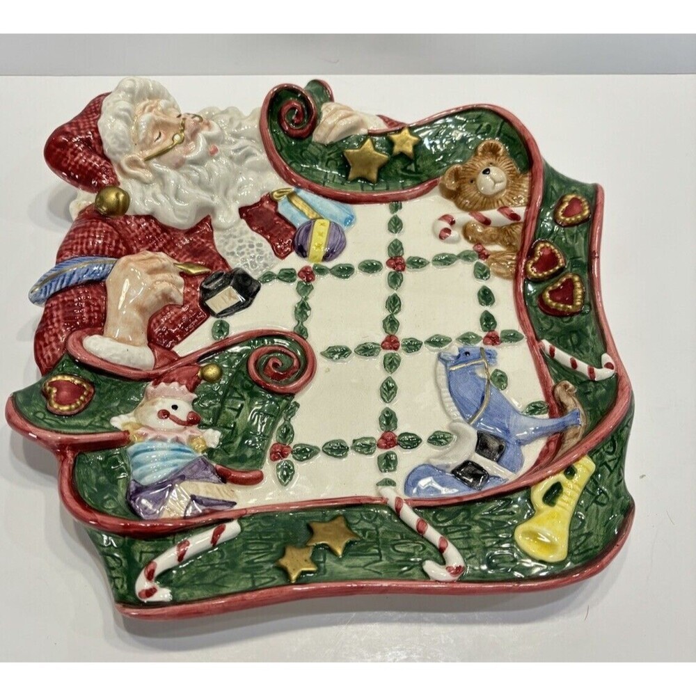 Vtg 1994 Fitz & Floyd Santa’s List Canape Plate Hand Painted Dish Christmas